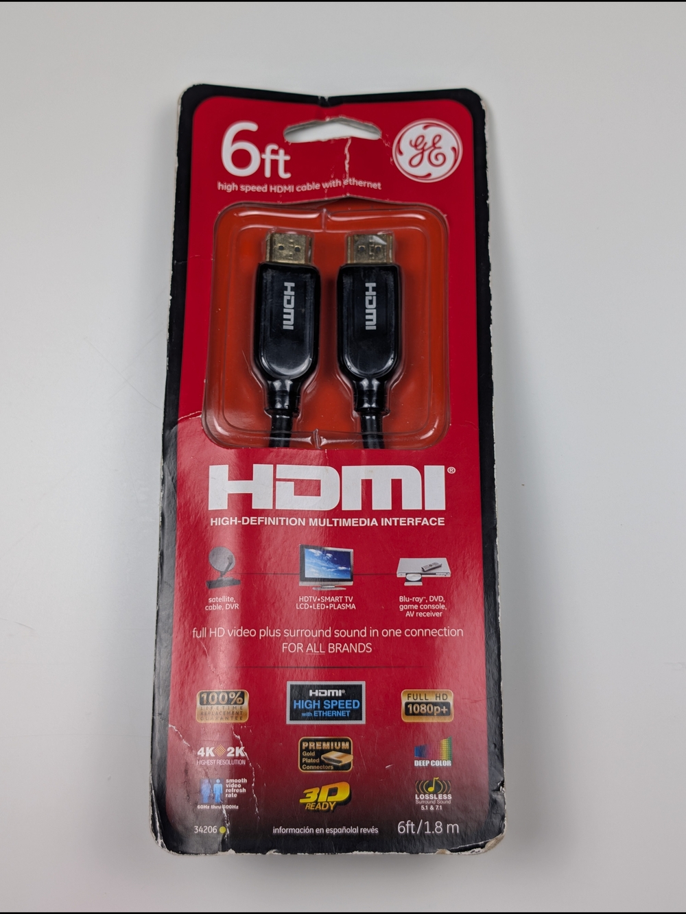 GE 6ft High Speed HDMI Cable with Ethernet 4K 3D Model 34206 New